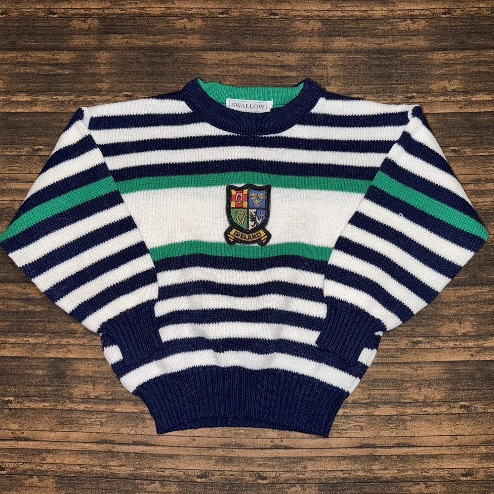 Swallow Made in Ireland Striped Knit Sweater Irish Crest Jumper Preppy Size 26